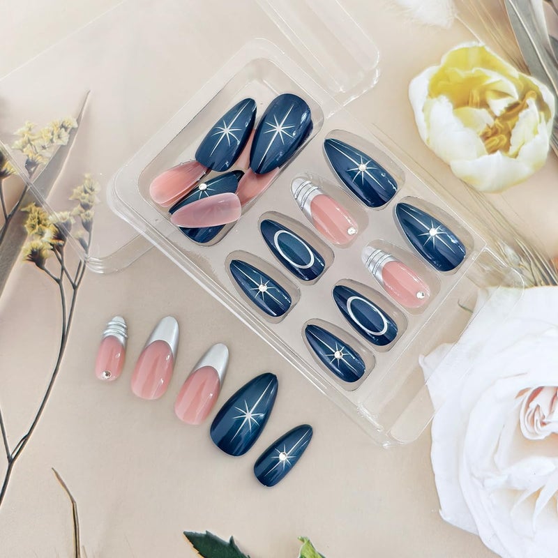 OSTTMA 24Pcs Almond Press on Nails Short Fake Nails with Star Designs Gradient Blue Acrylic Nail Silver French Tip Glue on Nail with Rhinestones Metallic Style 3D Nails Press ons False Nails for Women - Image 3